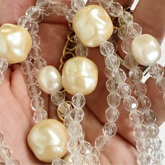 VTG Givenchy 43" Greek Key Large Faux Pearl Crystal Gold Tone Chunky Necklace - Picture 12 of 15